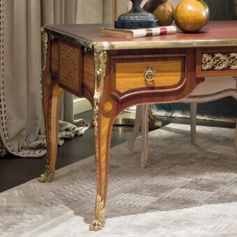Lavish Provasi 0415 desk crafted in reddish-brown wood with a premium leather top and gilded metal accents featuring a satin finish