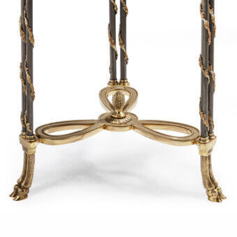 Lavish Provasi 0574 side table crafted in dark-stained wood with polished brass detailing and ornate sculpted feet