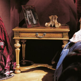 Distinguished Provasi 0686-2 nightstand crafted in richly-grained Myrtle burl wood with satin finish and carved detailing