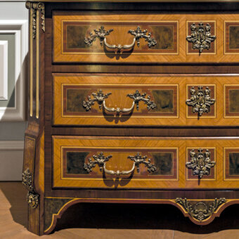 Distinguished Provasi 0686 dresser crafted in Myrtle burl wood with ornate floral motifs and satin finish