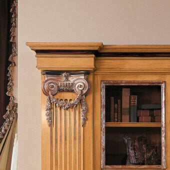 Exceptional Provasi 0690 bookcase built in noble cherrywood with silver leaf and dark blue-grey floral carvings