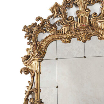 Lavish Provasi 0770 mirror crafted in Italy with gilded wood, fluid carvings and multiple rectangular glass panels