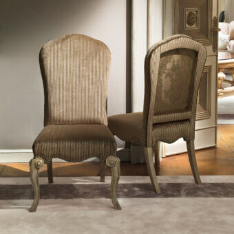 Elegant Provasi 1104 chair with golden brown textured textile and carved wooden frame in a light satin finish