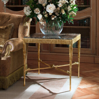 Superior Provasi 1138 side table with polished brass base and dark marble top crafted in Italy