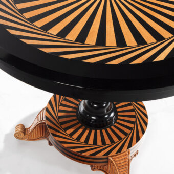 Distinguished Provasi 1218 Bistrot table crafted in wood with black glossy and reddish-brown satin finish exhibiting a bold radial pattern