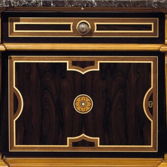 Distinguished Provasi 1225-2 nightstand built with dark glossy wood, satin framing and ornate floral inlays topped with marble