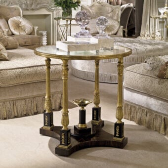 Distinguished Provasi 1228 side table with ebony basement, carved legs treated with gold light patina, and sleek glass tabletop with marble inlay