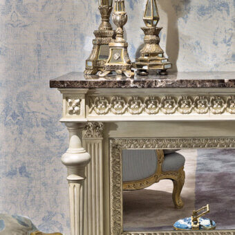Superior Provasi 1302 console built in solid wood with lightly textured off-white and gold finish, topped with dark mottled marble