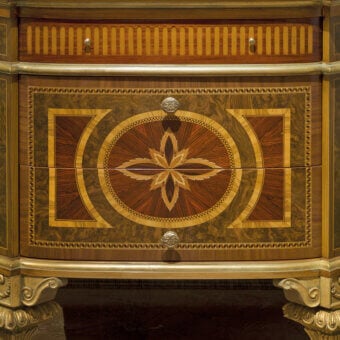 Exquisite Provasi 1305-2 nightstand crafted in richly finished wood with brass accents and a marble top