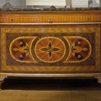Distinguished Provasi 1305 dresser built with noble woods, ornate marquetry and a glossy finish with brass accents and marble top