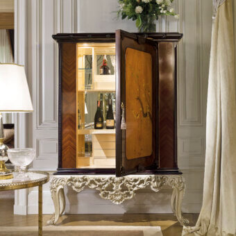 Architectural Provasi 1322 bar cabinet crafted from Palissander wood with platinum silver finish and golden floral detailing