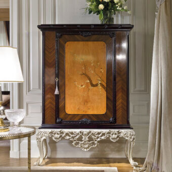 Superior Provasi 1322 bar cabinet in Palissander wood with ornate hand-carved detailing and platinum silver finish