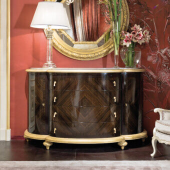 Exclusive Provasi 1405 dresser crafted in dark olive wood with gold detailing and a lustrous marble surface