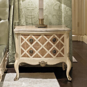 Elegant Provasi 1505-2 nightstand crafted with maple, marble top and satin finish in creamy off-white hues