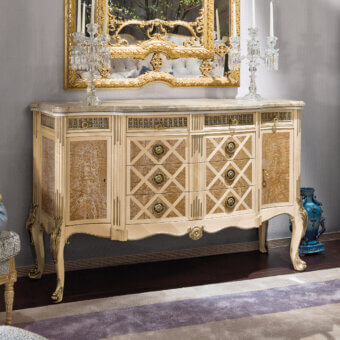Exceptional Provasi 1505 dresser crafted in maple with a creamy off-white finish and gilded metal accents, topped with marble