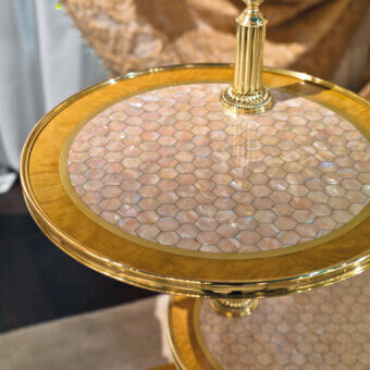 Superior Provasi 1508 side table in Burl wood with luminous Mother of Pearl inlay and highly polished gold tone finish