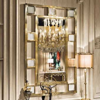 Superior Provasi 1607 mirror crafted in Italy with a bold brass frame and integrated marble details in luminous golden finish