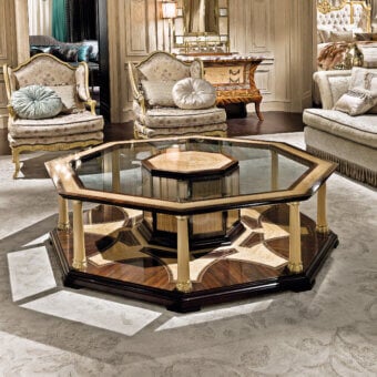 Exceptional Provasi 1608 coffee table with octagonal silhouette in Palissander and Eucalyptus wood with crystal top and glossy satin finish