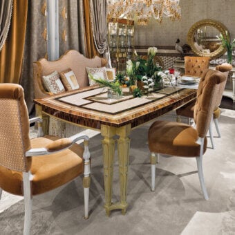 Architectural Provasi 1703 extendable table crafted in Palissander, Zebrano, Erable, and Ziricote wood with gold grey patina finish