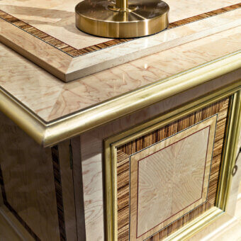Distinguished Provasi 1712 sideboard crafted from Erable wood with striped veneer inlays and antique gold light patina finish