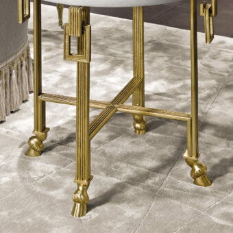 Superior Provasi 1718 side table crafted with slender brass structure and prestigious marble top in luminous golden finish