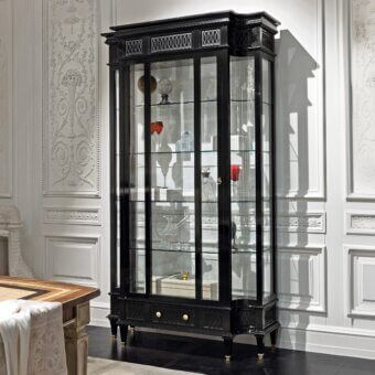 Distinguished Provasi 1801 showcase bar cabinet crafted from maple with a deep black lacquered finish and subtle gold accents