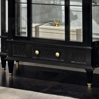 Distinguished Provasi 1801 showcase bar cabinet crafted from maple with a deep black lacquered finish and gold-toned hardware