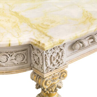Exquisite Provasi 2002 console crafted in Italy with wood and delicate white gold leaf finish