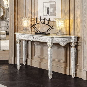 Lavish Provasi 2002 console crafted in wood with delicate white and gold leaf, exhibiting sculpted florals and luminous marble