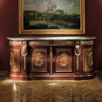 Distinguished Provasi 2802 sideboard crafted in noble mahogany with a glossy reddish-brown finish and ornate gilded accents