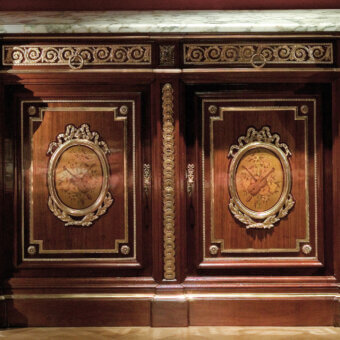 Lavish Provasi 2802 sideboard crafted in mahogany with gilded elements and a glossy warm brown finish