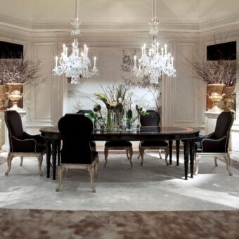 Superior Provasi 2913 extendable table crafted in Mahogany and luminous Citronnier with inlaid detail and glossy finish