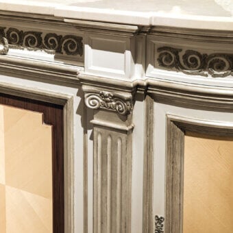 Distinguished Provasi 2932 sideboard crafted in Citronnier wood and Mahogany with a marble top and muted gray-beige finish