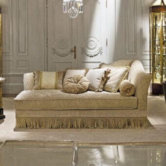 Superior Provasi Madlene chaise lounge with creamy beige textile upholstery, ornate gold detailing and satin finish