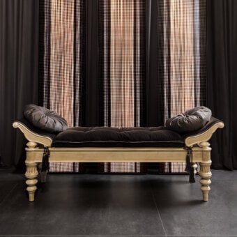 Elegant Provasi Vincent bench crafted with quilted deep brown textile and pale satin-finished solid wood frame