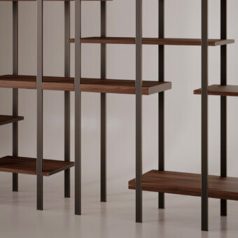 Exceptional VENICEM T-Line bookcase crafted in Canaletto walnut with dark burnished brass inserts and a satin finish
