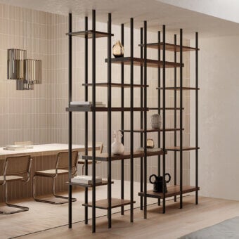 Distinguished VENICEM T-Line bookcase in Canaletto walnut with matte finish and dark burnished brass accents