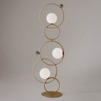 Exceptional VENICEM Zoe floor lamp with intersecting rings and Murano blown glass diffusers in light burnished brass