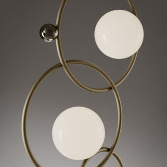 Superior VENICEM Zoe floor lamp with intersecting rings in light burnished brass and luminous Murano blown glass diffusers