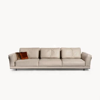 Distinguished Visionnaire Anthem sofa with neutral beige textured leather and elegant metal bordering