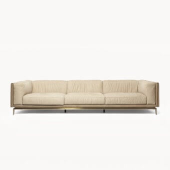 Sophisticated Visionnaire Legend sofa with light beige textile upholstery and satinized stainless steel frame built with poplar and steel