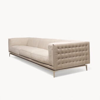 Exceptional Visionnaire Legend sofa with quilted beige leather upholstery and satinized stainless steel base
