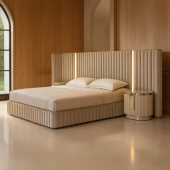 Exceptional Visionnaire Leonardo bed crafted in neutral beige woven fabric with polished metal accents and fluted bedside detailing