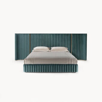 Lavish Visionnaire Leonardo bed upholstered in deep teal textile with meticulous artisanal detailing and subtle gold-toned metal accents