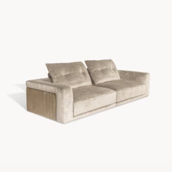 Sophisticated Visionnaire Miller sofa upholstered in Gand fabric with quilted cannetté and satin finished curved wood panels