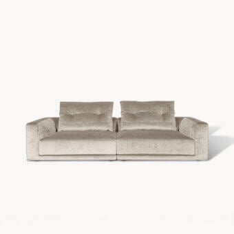 Distinguished Visionnaire Miller sofa upholstered in Vermeer fabric with quilted cannetté and a relaxed contemporary form in warm taupe