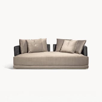 Superior Visionnaire Miller Unicum sofa with quilted neutral beige fabric and sleek satin black nickel aluminum base