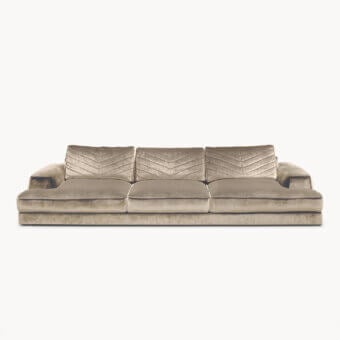 Distinctive Visionnaire Xavier sofa with warm gold-toned velvet upholstery and a textile-covered platform base crafted for exceptional comfort
