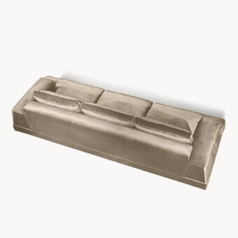 Architectural Visionnaire Xavier sofa upholstered in luminous gold-toned velvet textile with a subtle satin finish