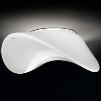 Exceptional Vistosi Balance ceiling lamp crafted in glossy white with hand-blown glass and an asymmetrical form